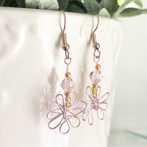 New Wrapped Wire Daisy Flower Dangling Earrings Glass Crystal Rose Gold Coloured - Picture 8 of 8
